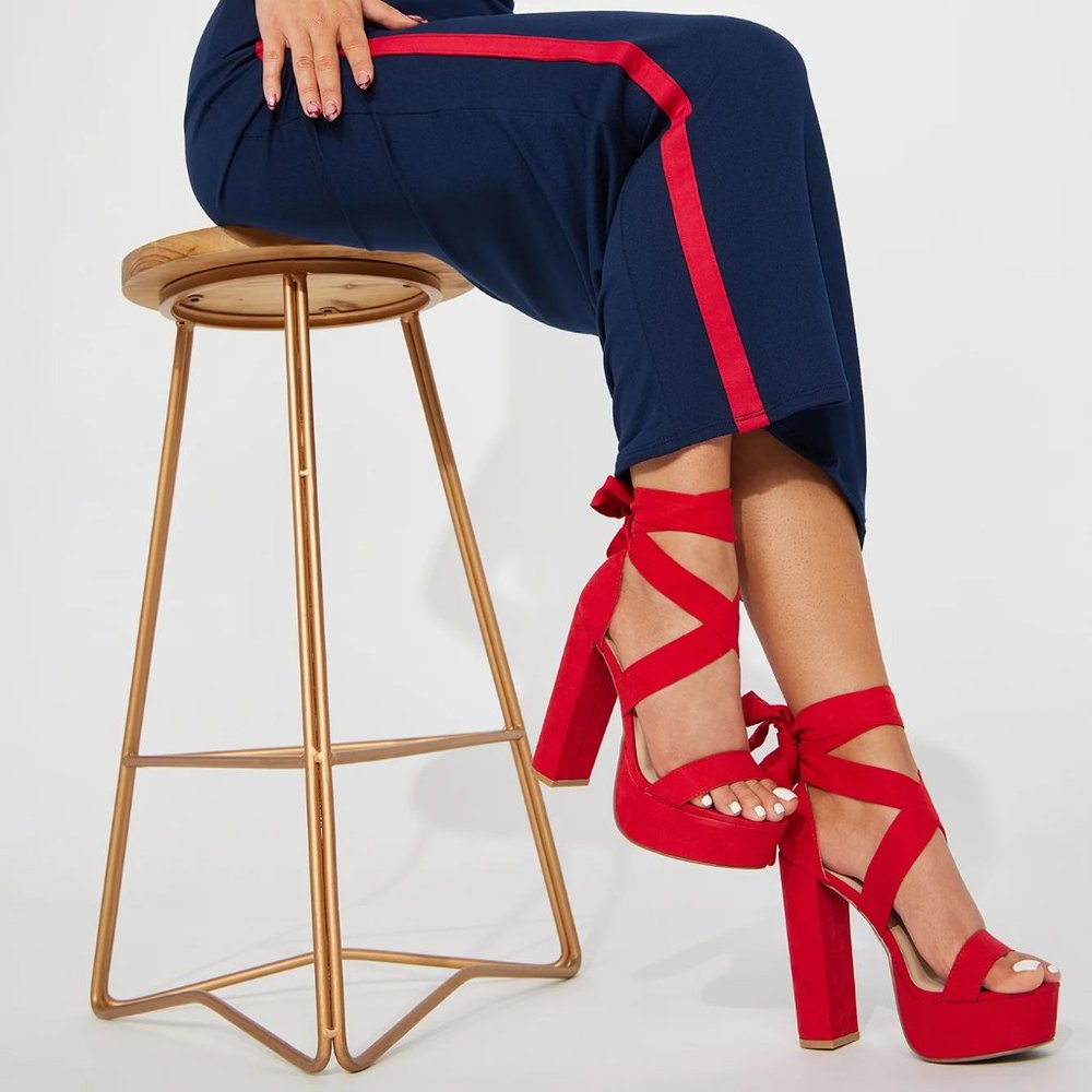 Red Strappy Lace Up Tie Up Platform High Heels